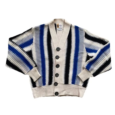 Cárdigan Vintage Años 50 Lana Pequeño Negro Azul Rayas Grueso Tejido Baquelita Towncraft Foto 1 de 4