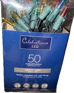 Celebration LED batteriebetrieben 50 Mini Lichter mehrfarbig 8 Funktionen 16 Fuß Neu - Bild 1 von 4