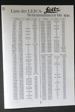 Liste der LEICA LEITZ Seriennummern bis 1981 - sehr gut -