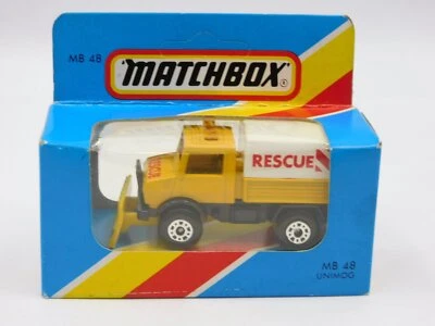 Matchbox Superfast Unimog Rescue yellow plow Macau 80s MB-48 in BLUE BOX - Immagine 1 di 3