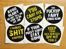 6-pack Funny Hard Hat Stickers | Cant Fix Stupid Pussy Hurts F**kup Fairy Decals