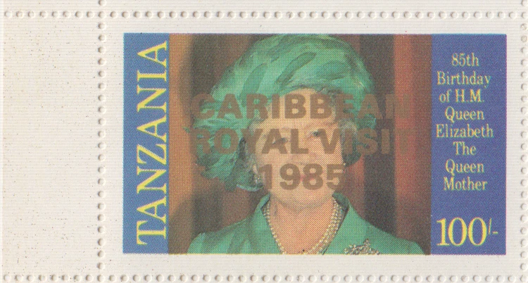 ТАНЗАНИЯ: марки матери королевы Елизаветы с надписью «Ошибка над печатью» как новые филателия - Изображение 1 из 1