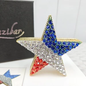 Bejeweled Star Trinket Box Red White Blue Enamel Glossy Sparkle Metal Gift - Picture 1 of 11