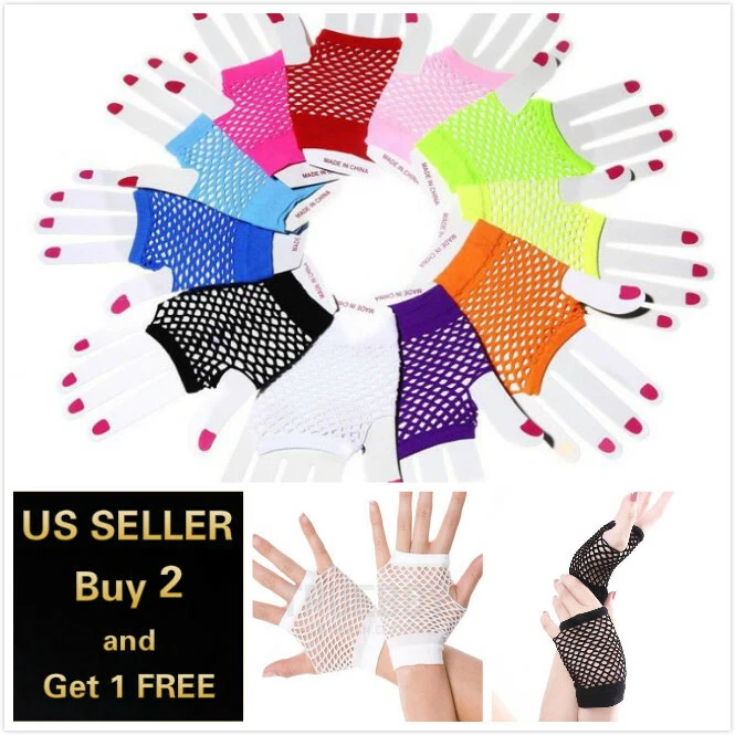 Neon Fingerless Fishnet Wrist Gloves Assorted Colors 80s Costume Props Halloween - Image 1 of 4