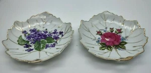 Vintage Pink Rose & Purple Lilac ~Porcelain Dish Candy ~ Leaf Shaped Gold Trim - Picture 1 of 3