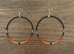 1 Pair 2.5” Native American Style Beaded Black Hoop Earrings - Picture 1 of 3
