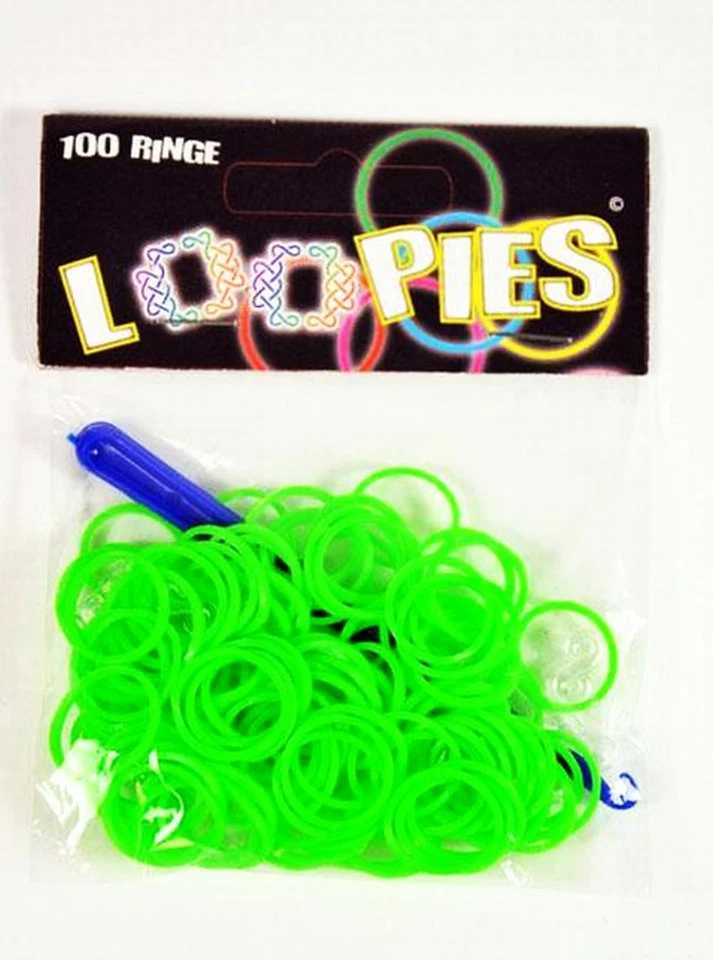 Loopies Loom Bandz einfarbig Grün 100 Ringe 6 Verschlüsse 1 Häkelnadel Neu
