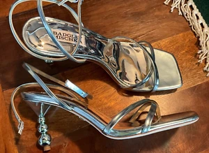 BADGLEY MISCHKA SILVER SANDALS HEELS SHOES SIZE 7.5 STACKED SPHERE HEEL - Picture 1 of 13