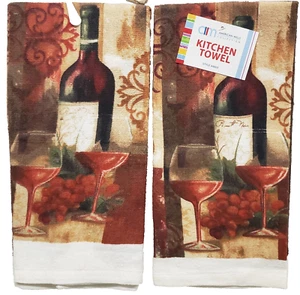Set of 2 Same Kitchen Towels (15"x25") WINE & GRAPES,WINE BOTTLE & 2 GLASSES, AM - Picture 1 of 12
