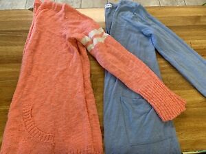 Set Of 2 Youth Girls Long Sleeve Open Cardigan Sweater Coral & Light Blue L&XL