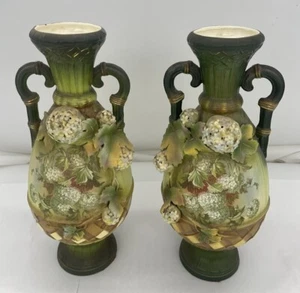 Antique Robert Hanke Vase Handled Floral Design, Marked & Numbered. Set Of 2. - Picture 1 of 9