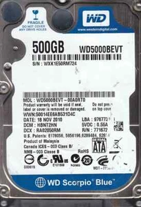 Western Digital WD5000BEVT-00A0RT0 dcm: HBNT2TH Nov 2010 500GB SATA 2,5" 7209 - Bild 1 von 2