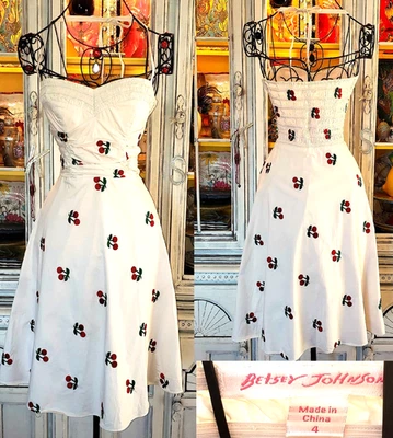 Vintage Betsey Johnson Y2K Red Cherries Cherry Fruit Milkmaid Coquette Dress S 4 - Image 1 of 4