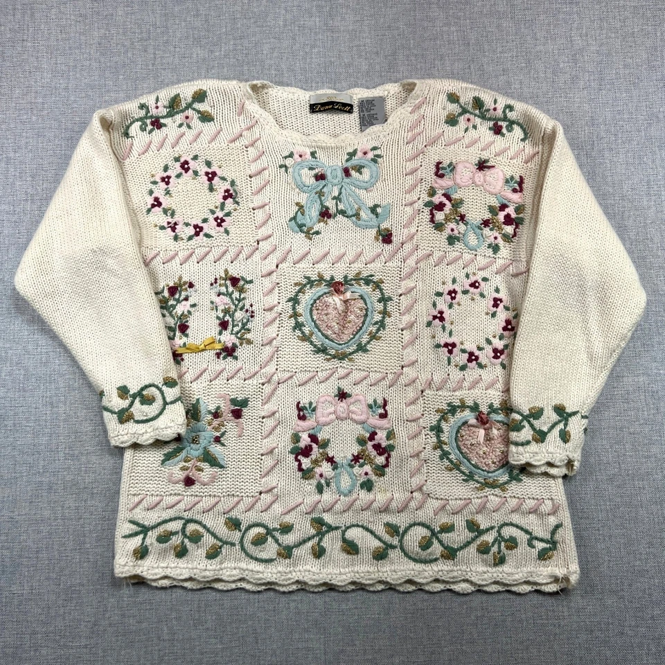 Suéter De Colección Años 90 Dana Scott Floral Corazón Lazo Patchwork Para Mujer M Cottagecore Foto 1 de 4