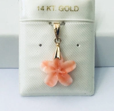 Solid  14K  Yellow  Gold  Natural  Pink  Coral  Hawaiian Plumeria  Pendant  NEW - Image 1 of 4