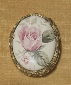Vintage Nachlass Schmuckfund goldfarben rosa rose Keramik Brosche Anstecknadel - Bild 1 von 3