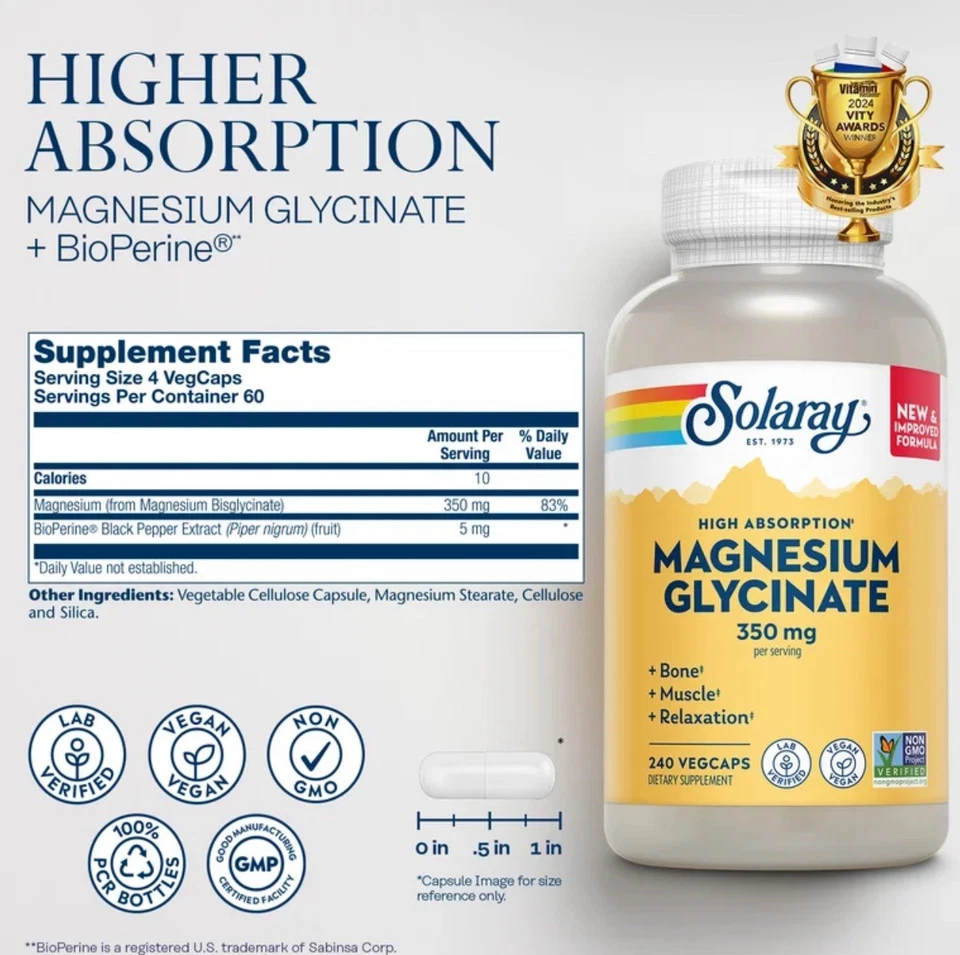 Solaray Higher Absorption Magnesium Glycinate 350mg 240 Caps Exp 03/29 - Image 1 of 2