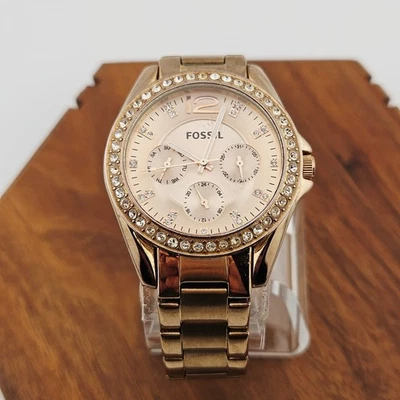 Fossil Womens Gold Tone Rhinestone Bezel Watch Boyfriend Link TLC Project ES2811 - Image 1 of 4