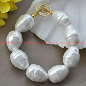 LARGE 20MM SOUTH SEA WHITE BAROQUE SHELL PEARL BEADS FASHION BRACELET 7.5'' - Picture 1 of 12