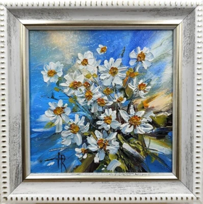 Ramo Margaritas Linda Pintura Flor Original Obra de Arte al Óleo Arte Pequeño 5x5 pulgadas Foto 1 de 4