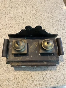 Antique Vintage Smooth Brass Metal Double Inkstand Ink Stand Desktop Unpolished - Picture 1 of 9