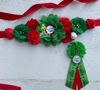 Faja de maternidad Grinch cinturón y ramillete de papá, faja de baby shower de Navidad Foto 1 de 3