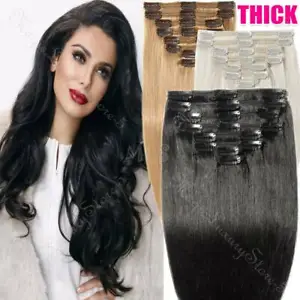 Brazilian Thick Clip In Double Weft Full Head 100% Human Hair Extensions Remy US - Picture 1 of 171