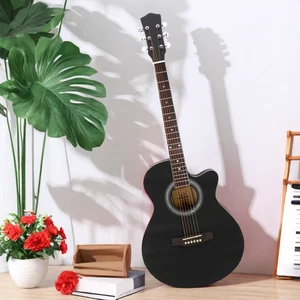 40-Inch Acoustic Folk Guitar Set - Cutaway, Basswood, Spruce Top & Matte Black - Picture 1 of 24