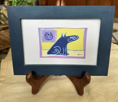 Pintura Original Pop Art Pequeña PERRO SONRIENTE enmarcada 5”x 7”, Firmada Foto 1 de 4