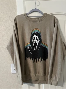 Scream Ghostface Killer Mask Sweatshirt Tan/Brown Halloween Large Long Sleeve - Picture 1 of 4