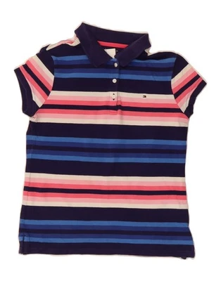 TOMMY HILFIGER Girls Polo Shirt 15-16 Years XL  Navy Blue Striped Cotton BX20 - Image 1 of 3