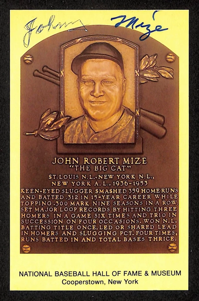 Tarjeta postal de placa dorada firmada/autografiada por Johnny Mize New York Yankees 199253 Foto 1 de 1
