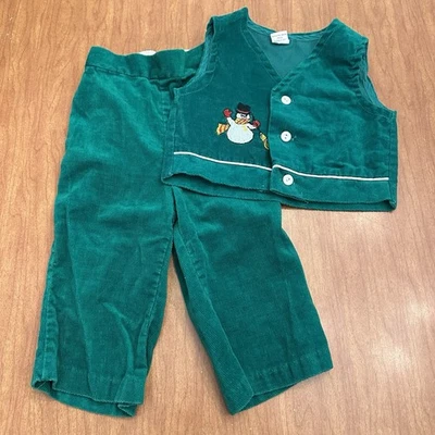 Set pantaloni gilet pupazzo di neve vintage anni 70 Sears taglia 12-18 mesi verde velluto a coste bambino anni 80 - Immagine 1 di 4