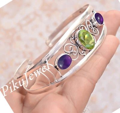 Facettierter Peridot & Amethyst Edelstein 925 Sterling Silber Armreif Armband... - Bild 1 von 4