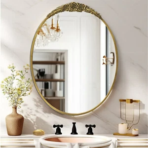 Traditional Oval Mirror Gold Baroque Mirror with Ornate Garland Along The Crown - Picture 1 of 12