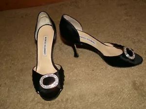 Manolo Blahnik Black Satin Fabric and Rhinestone Open Toe Heels Size 5 1/2 - Picture 1 of 8