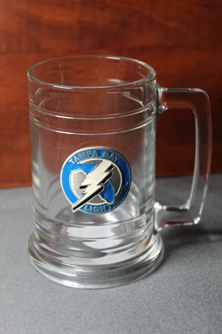 Tampa Bay Lightning Pewter Medallion Logo Stein Mug NHL 5.25" Tall Clear Glass Cover