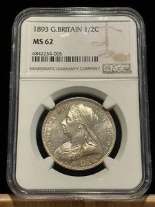 GREAT BRITAIN 1/2 Half Crown 1893, Queen Victoria, NGC MS 62 Lustrous UNC . X4 - Picture 1 of 2