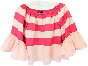 Pink Peasant Boho Top INA Size L Elastic Off Shoulder Ruffed Sleeves Festive - Picture 1 of 9