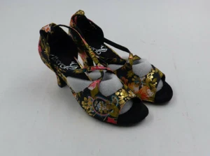 LATIN DANCE SHOES WOMEN BLACK AND FLORAL SATIN WK0166 2.5" HEEL US 5.5 EURO 36 - Picture 1 of 3