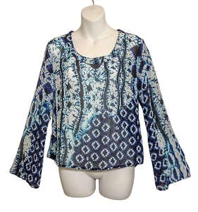 Patrons of Peace Top Scoop Neck Bell Sleeve Tie Dye Blue Womens L - Picture 1 of 8