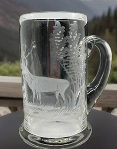 Mundgeblasener Kristall Bierkrug ~ geätzt mit Bock & Vögeln & Waldszene Krosno? - Bild 1 von 4