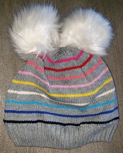 GIRLS BABY GAP KNIT WINTER HAT size  M/L DOUBLE POMPOMS STRIPES LINED CUTE! - Picture 1 of 1