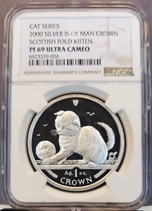 2000 ISLE OF MAN SILVER CROWN SCOTTISH FOLD KITTEN NGC PF 69 ULTRA CAMEO TOP POP - Picture 1 of 3