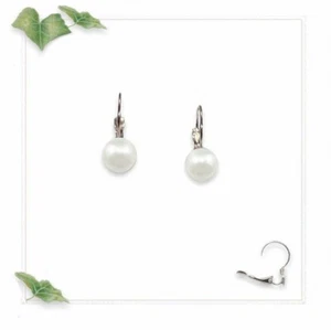 10mm Earrings Lever Backs - Silver Tone & White Pearl - Resin - Picture 1 of 1