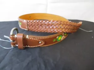 John Deere Girls Size Large 33" Brown Leather w/Flowers Braid Metal Buckel Belt - Picture 1 of 3