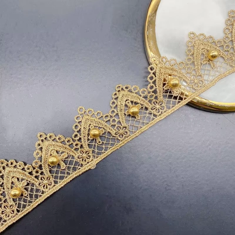 1+1/4" Embroidered Pearl Beaded gold thread lace trim price per yard - Image 1 of 1