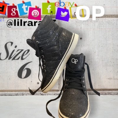 OP High Top Juvenil Negro Brillo Brillo Moda Zapatos de Tabla Tenis Talla 6 Foto 1 de 4
