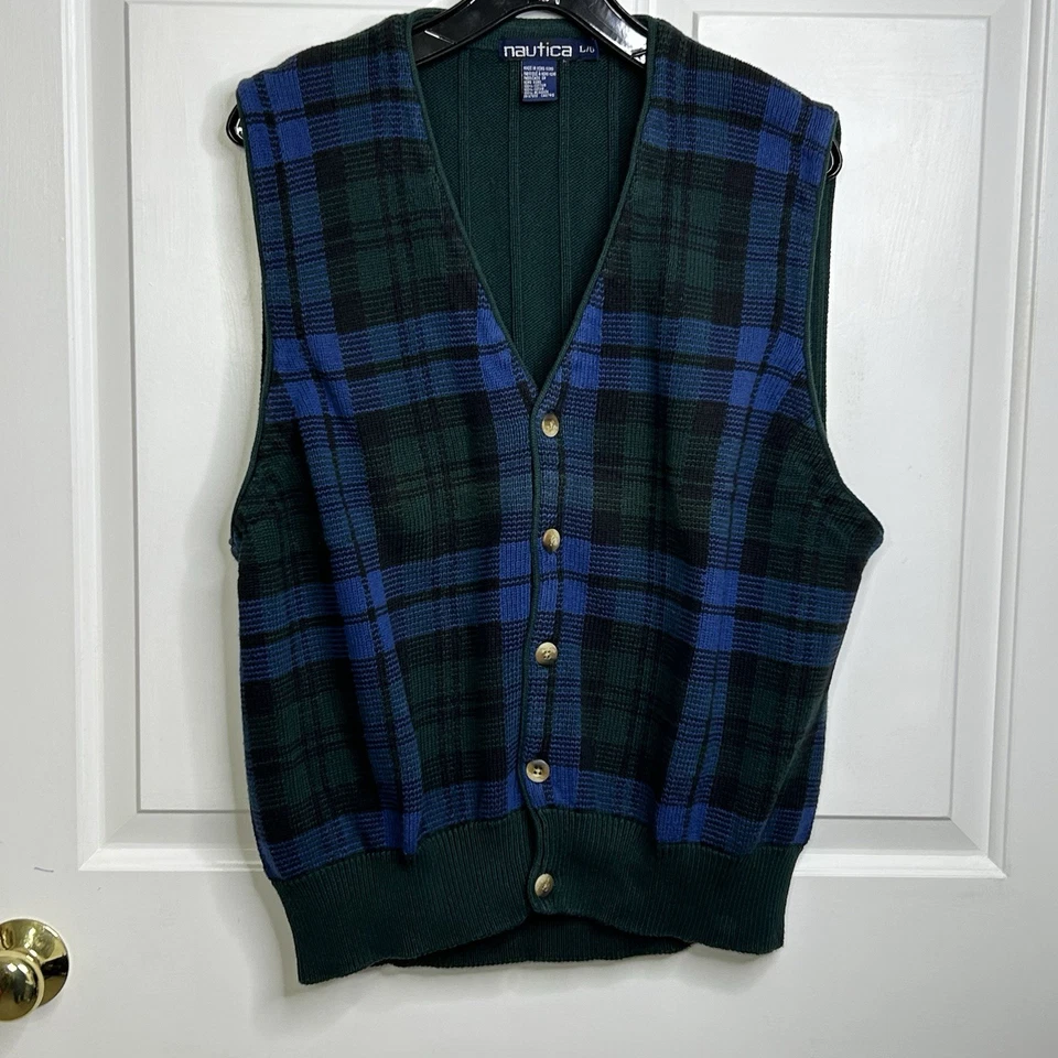 Chaleco Suéter Nautica Para Hombre Grande Sin Mangas Verde + Azul Botón Frontal De Colección A Cuadros Foto 1 de 4