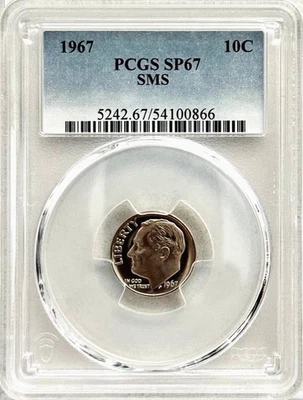 1967 SMS SPECIAL MINT SET ROOSEVELT DIME PCGS SP67, NO SPOTS/TONING, CAM REVERSE - Image 1 of 2